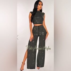 HOLIDAY NYE PARTY
Black Silver Rhinestone Studded Slit Palazzo Pant Set 
size S